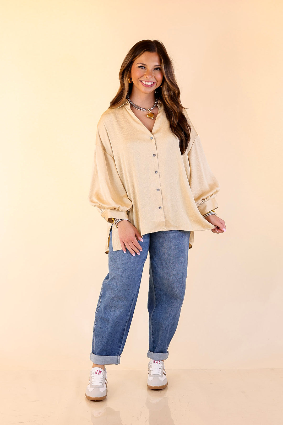 Sweet Notion Button Up 3/4 Balloon Sleeve Top in Gold