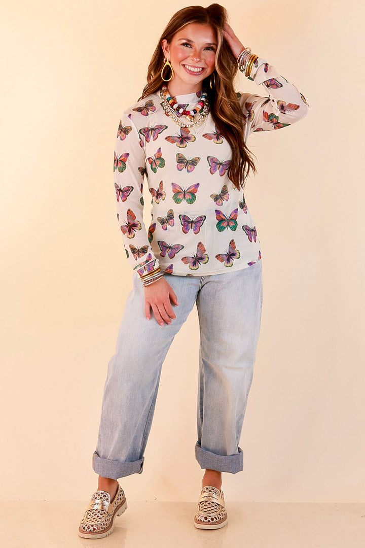 The Perfect Layer Butterfly Print Sheer Mesh Long Sleeve Top in Cream and Gemstone Colors