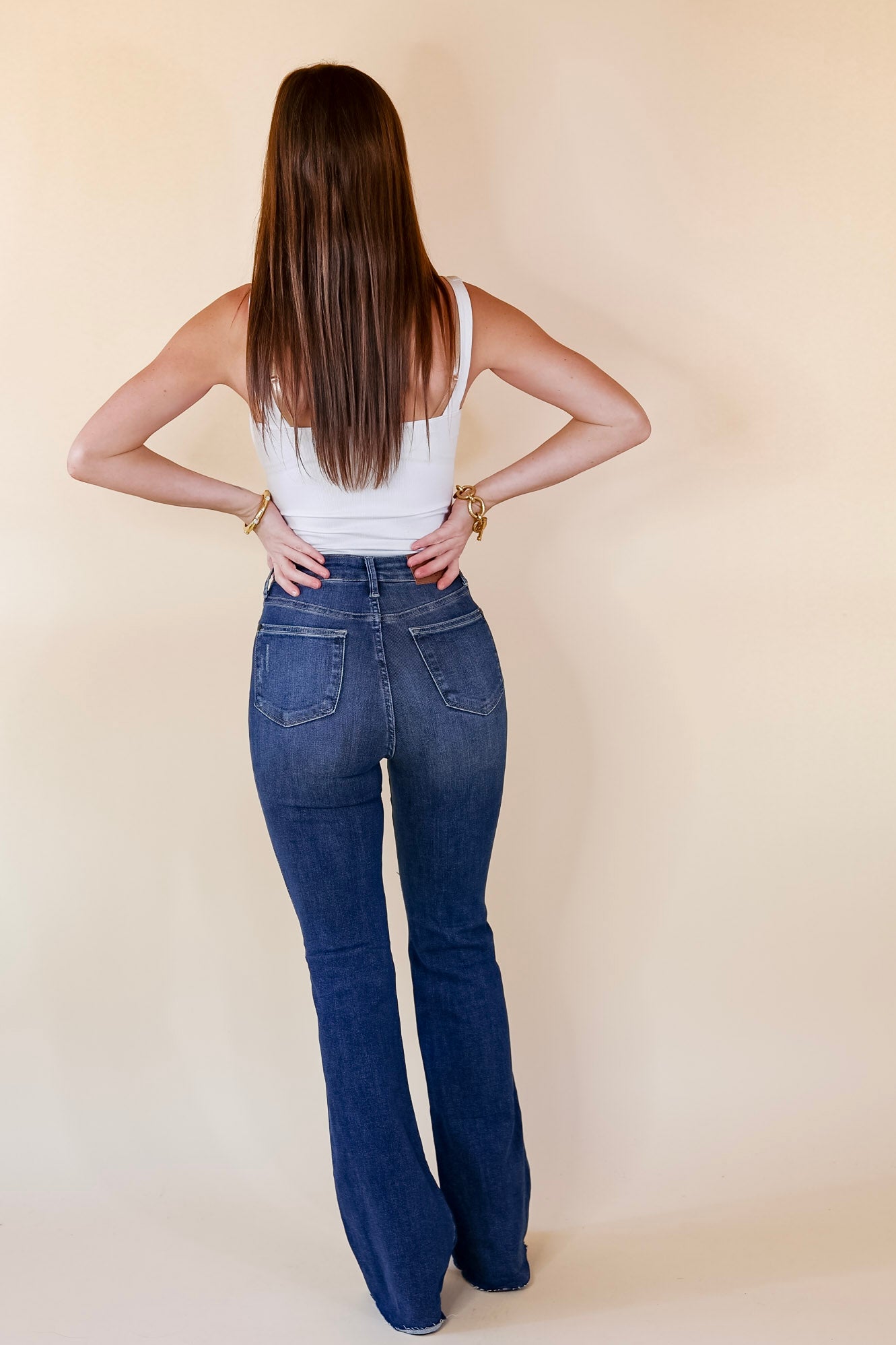 Judy Blue | Ask Me Anything Tummy Control Distressed Flare Jeans in Dark Wash - Giddy Up Glamour Boutique