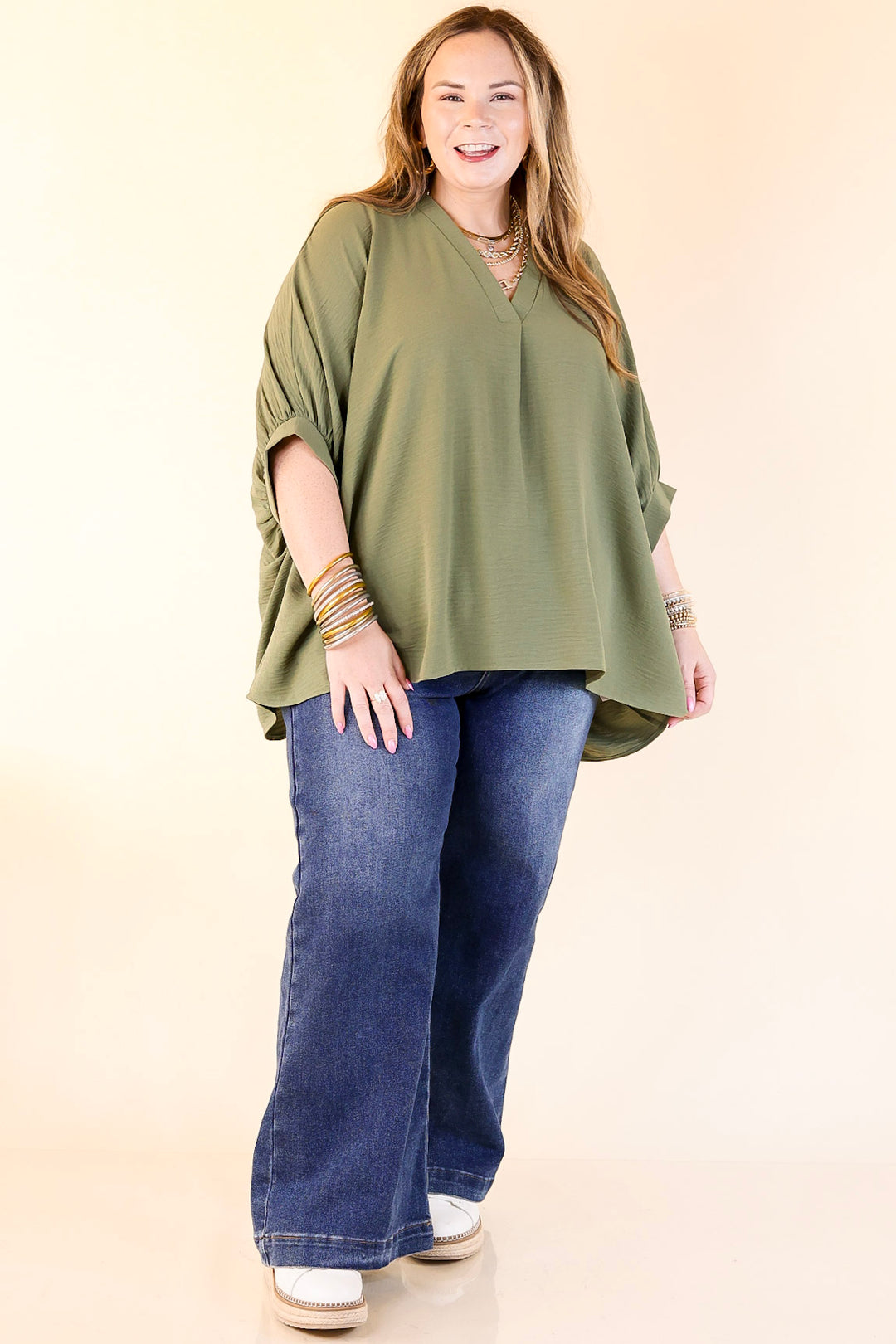 Elevated Basics V Neck Top with Half Sleeves in Olive Green