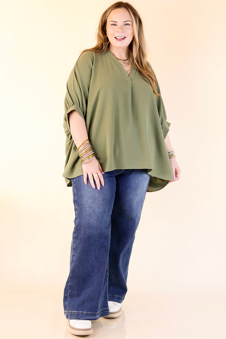 Elevated Basics V Neck Top with Half Sleeves in Olive Green