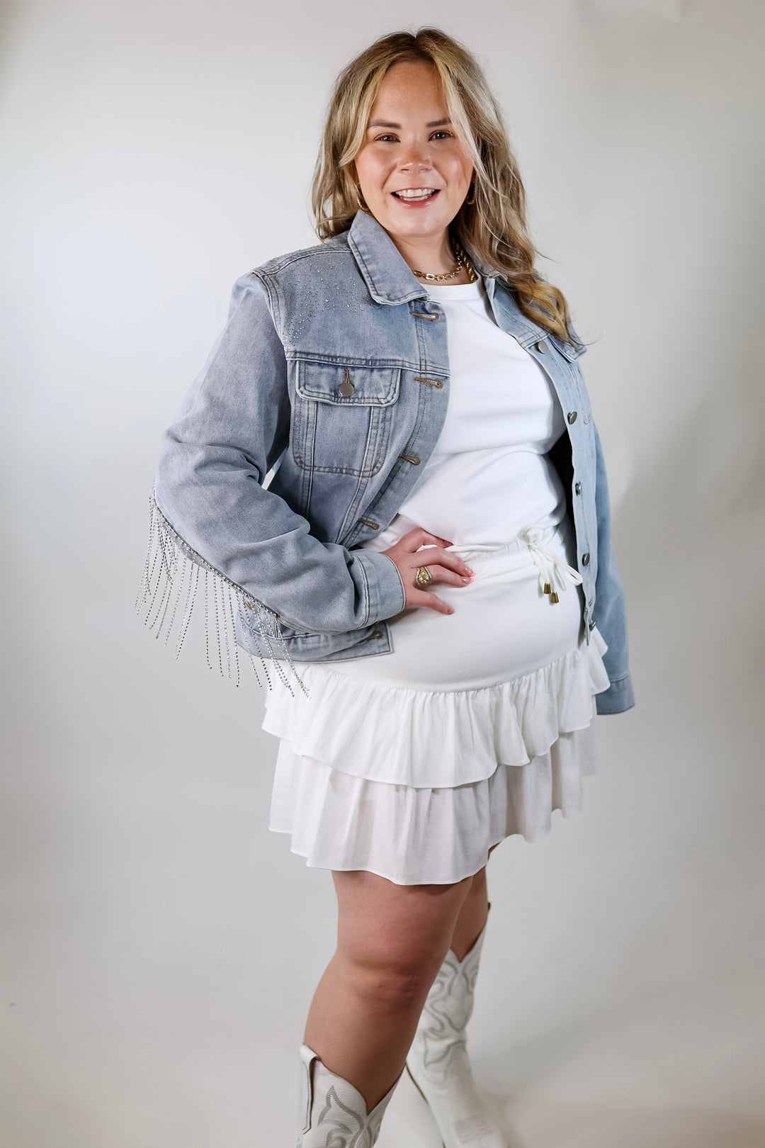 Like a Diamond Crystal Fringe Button Up Denim Jacket in Light Wash - Giddy Up Glamour Boutique