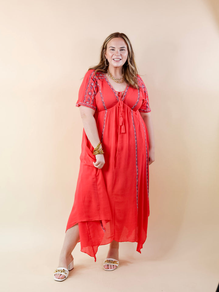 Just For You Embroidered Maxi Dress with Tassel Tie Neck in Coral - Giddy Up Glamour Boutique
