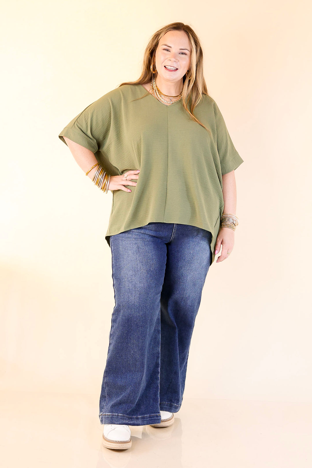 Classically Chic Short Sleeve V Neck Top in Olive Green
