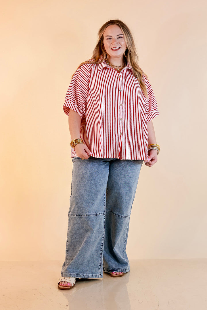 Effortlessly Aligned Button Down Collared Top with Vertical Ivory Stripe Detail in Red
