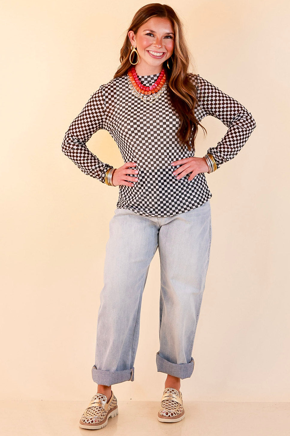 The Perfect Layer Checkered Print Sheer Mesh Long Sleeve Top in Black and White