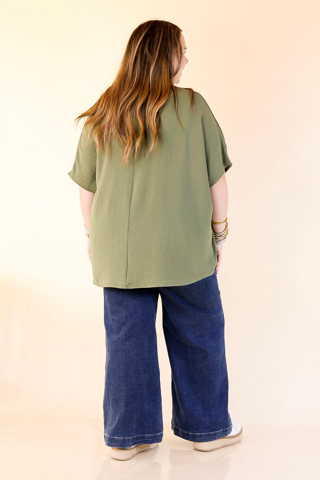 Try To Resist Short Sleeve V Neck Top with Front Pocket in Olive Green