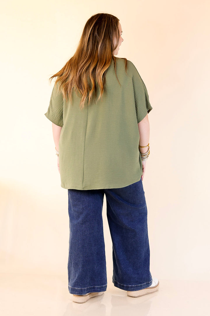 Try To Resist Short Sleeve V Neck Top with Front Pocket in Olive Green