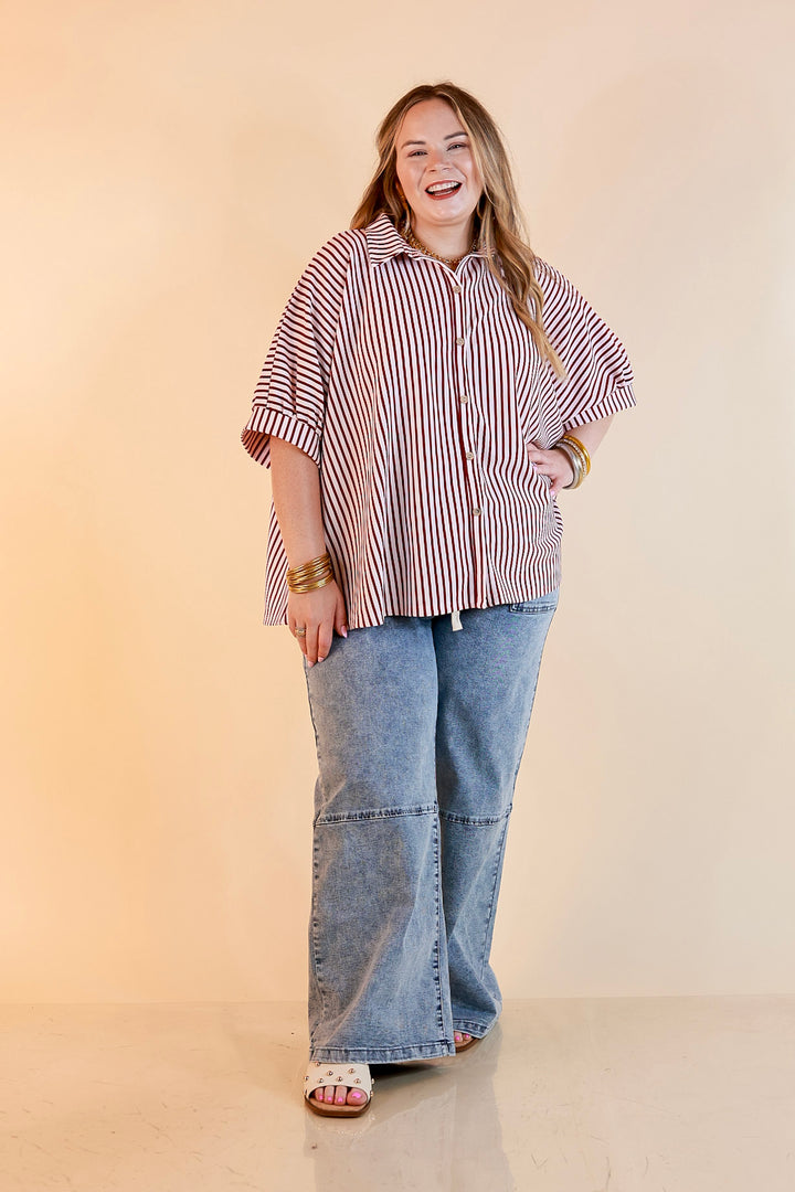 Effortlessly Aligned Button Down Collared Top with Vertical Ivory Stripe Detail in Maroon