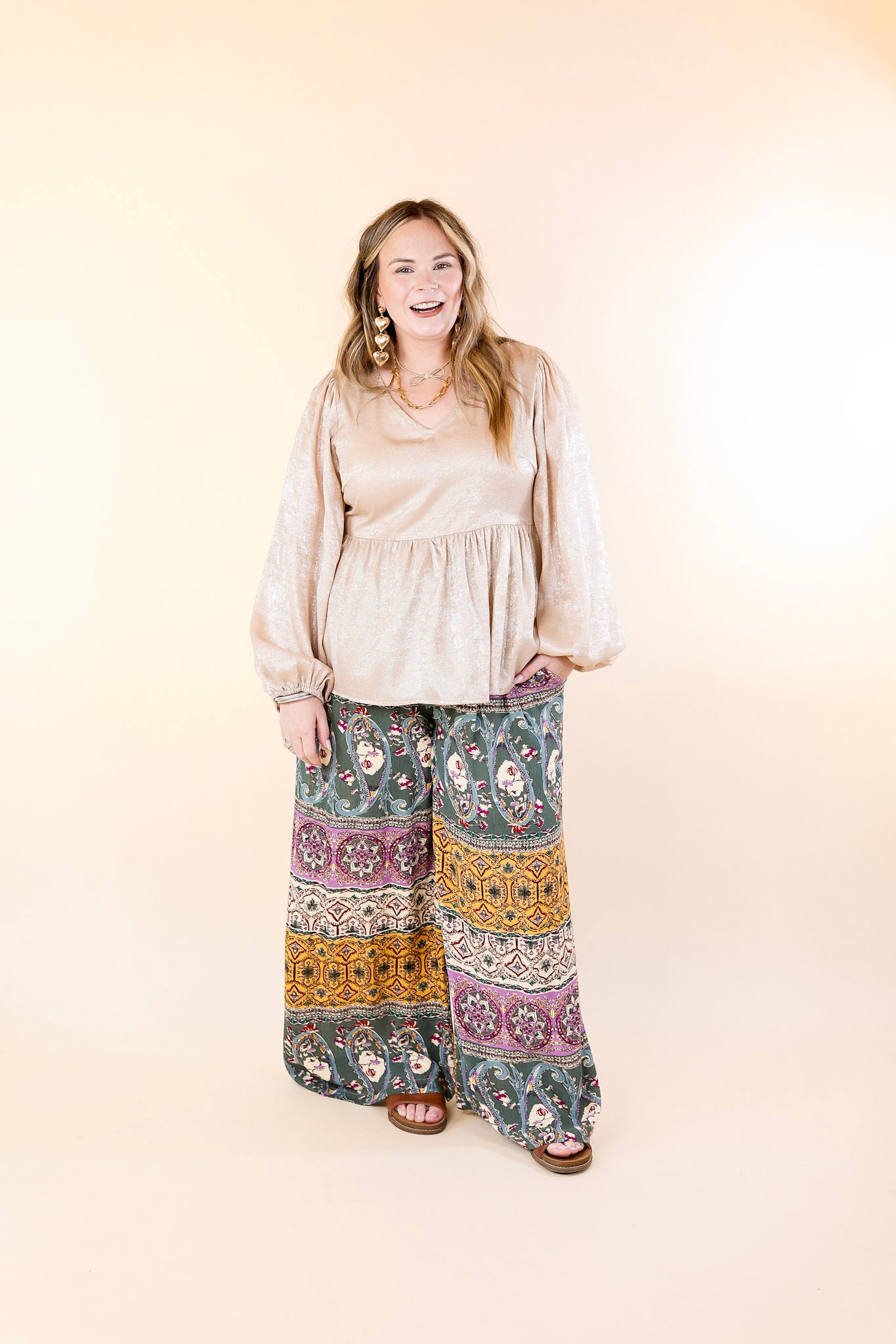 Slight Change Elastic Waist Floral Print Wide Leg Palazzo Pants in Green Mix