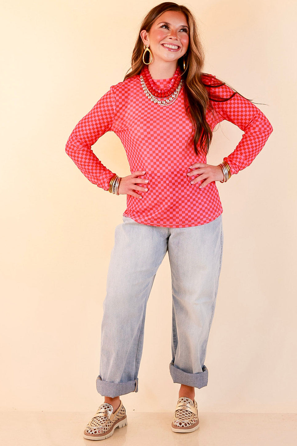 The Perfect Layer Checkered Print Sheer Mesh Long Sleeve Top in Red and Pink