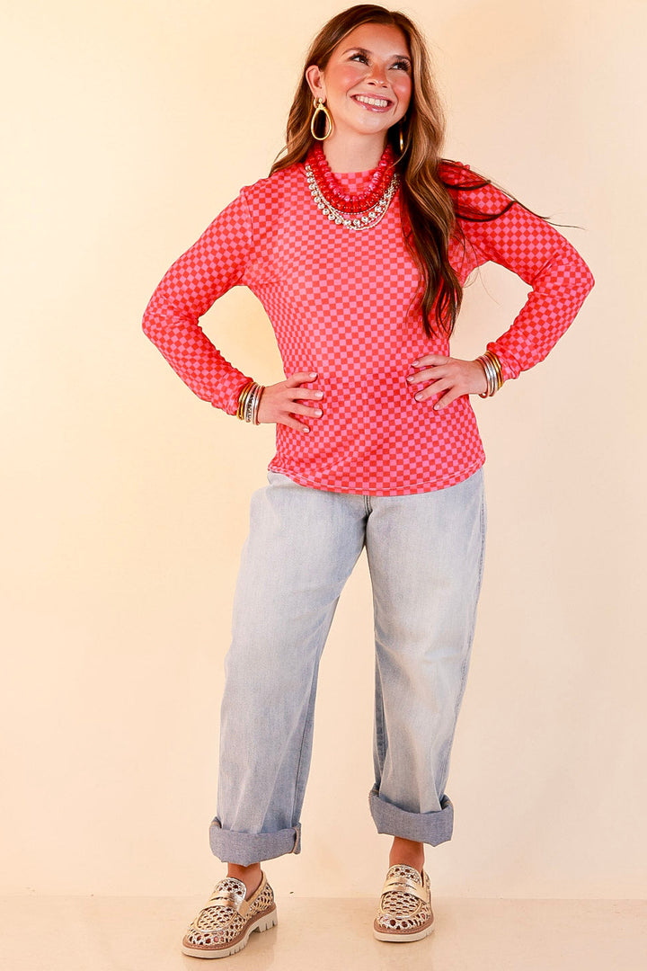 The Perfect Layer Checkered Print Sheer Mesh Long Sleeve Top in Red and Pink