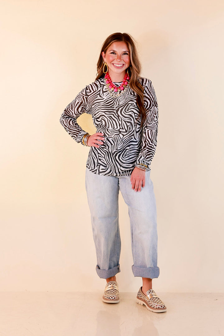 The Perfect Layer Zebra Print Sheer Mesh Long Sleeve Top in Black and White