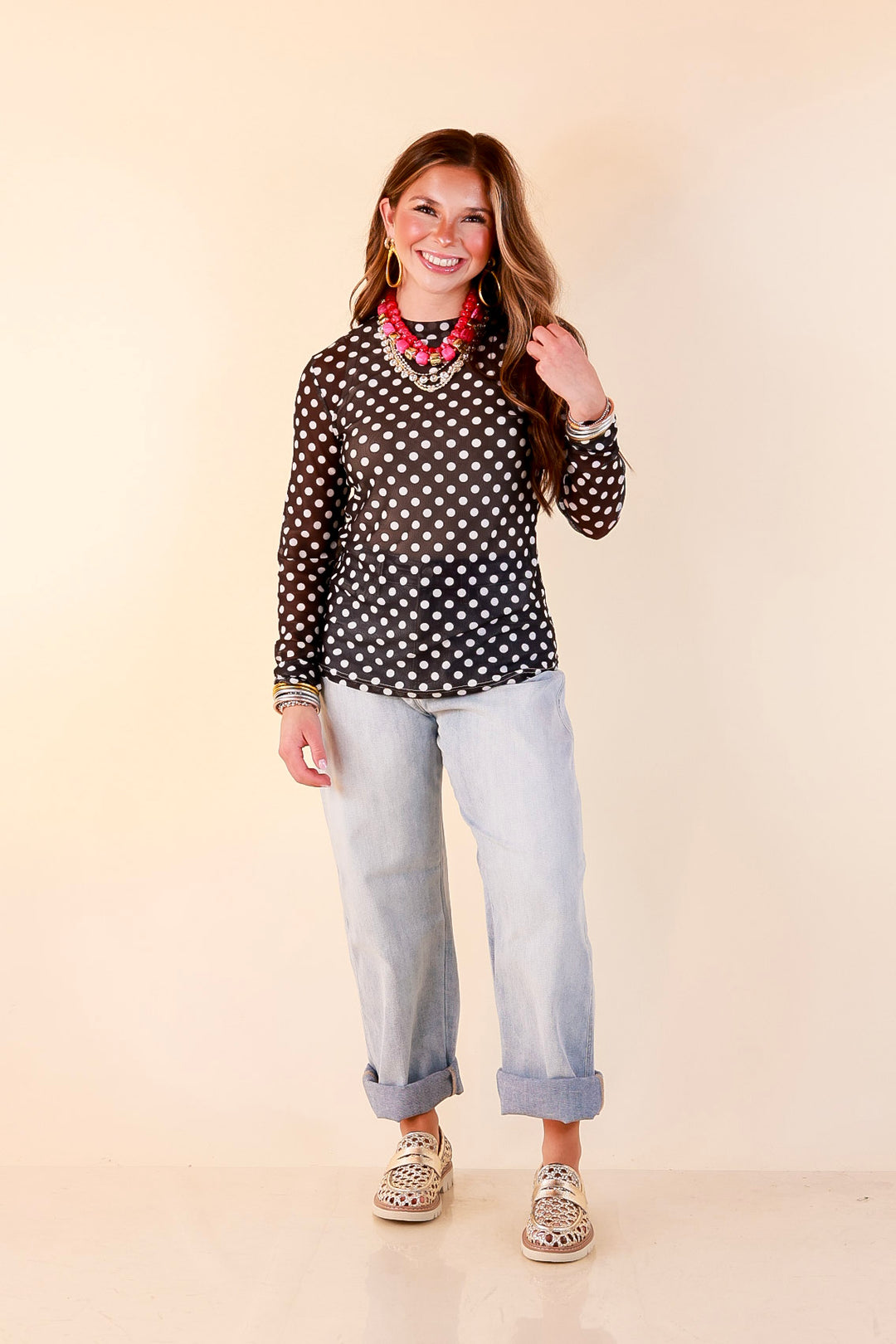 The Perfect Layer White Polka Dot Print Sheer Mesh Long Sleeve Top in Black