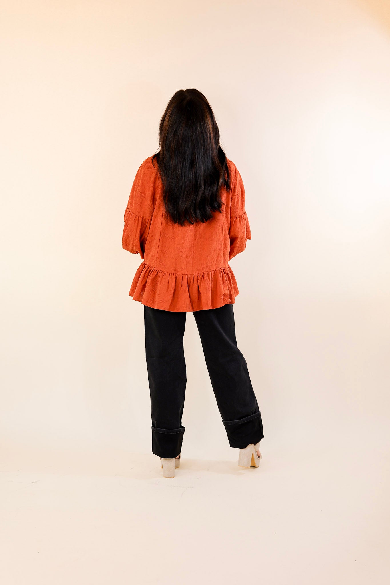 Free Fallin' Textured Long Sleeve Peplum Top with Keyhole Front in Orange