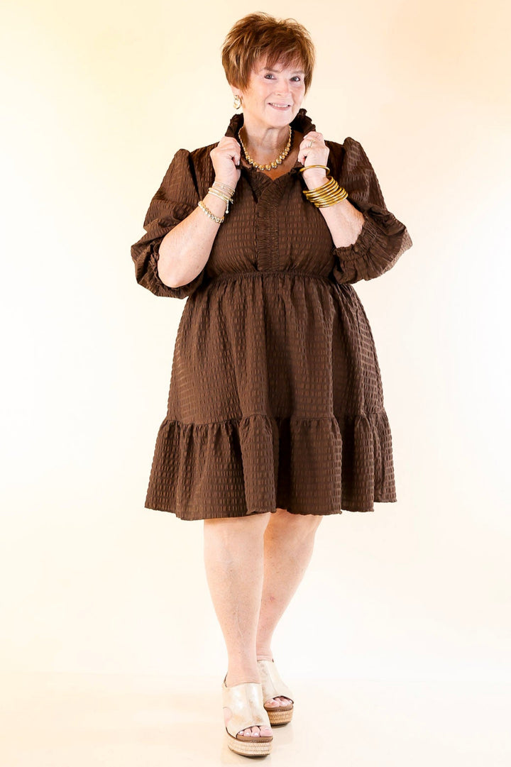 Call Me Captivating Dress with Smocked Waist and Long Sleeves Sleeves in Chocolate Brown