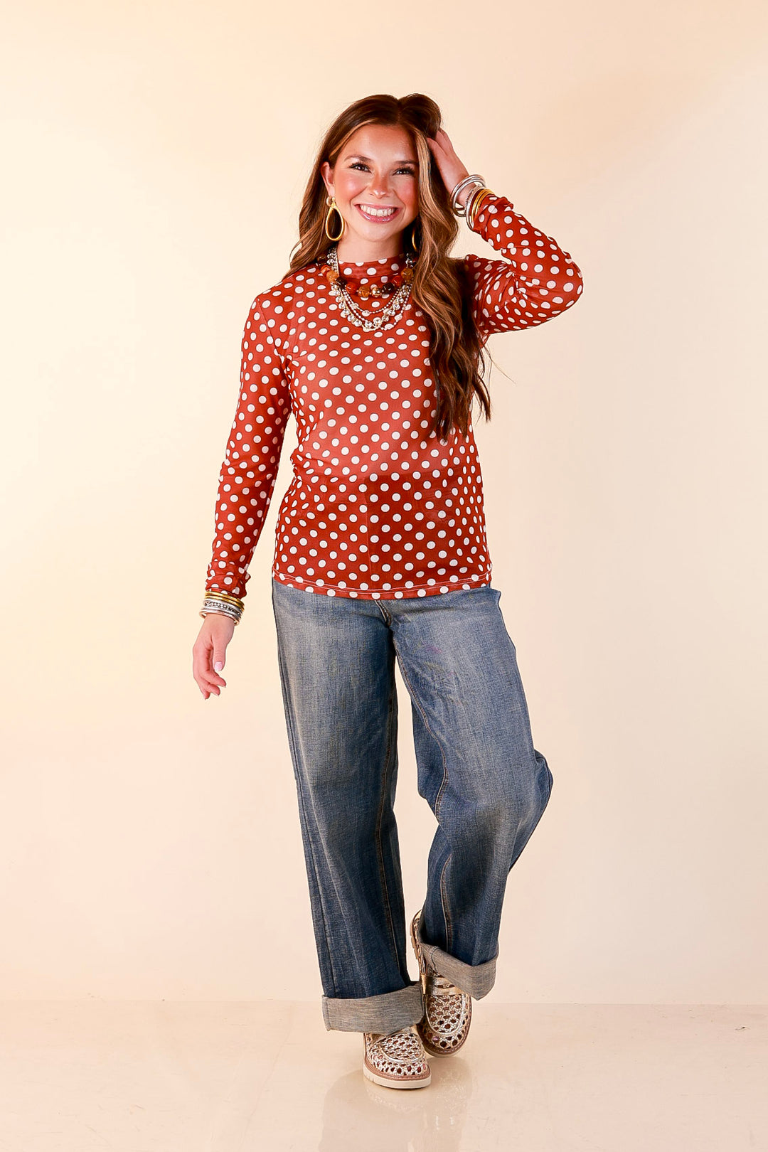 The Perfect Layer White Polka Dot Print Sheer Mesh Long Sleeve Top in Rust Orange