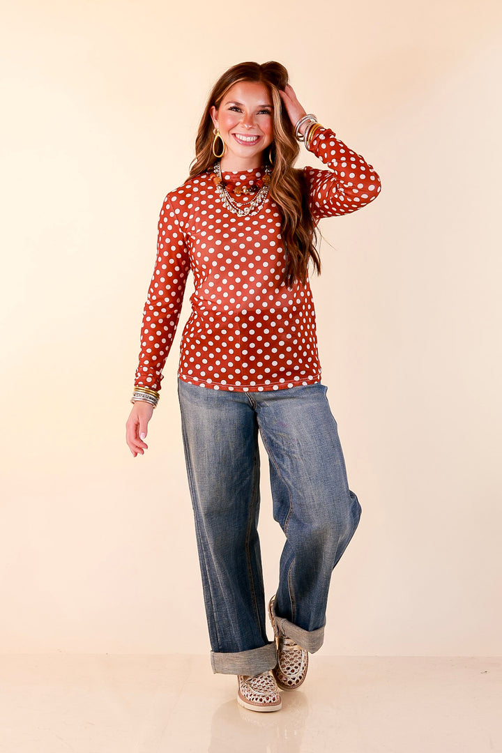 The Perfect Layer White Polka Dot Print Sheer Mesh Long Sleeve Top in Rust Orange