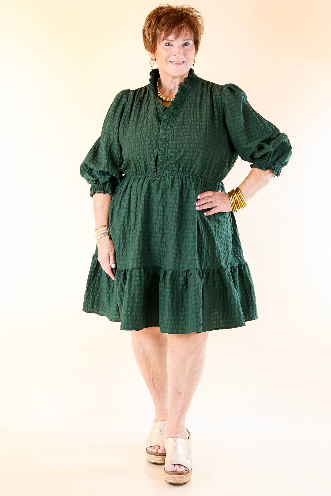 Call Me Captivating Dress with Smocked Waist and Long Sleeves Sleeves in Emerald Green