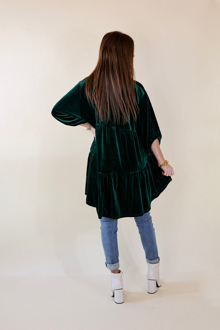 Love Link Button Up Velvet Half Sleeve Babydoll Tunic Top in Emerald Green - Giddy Up Glamour Boutique