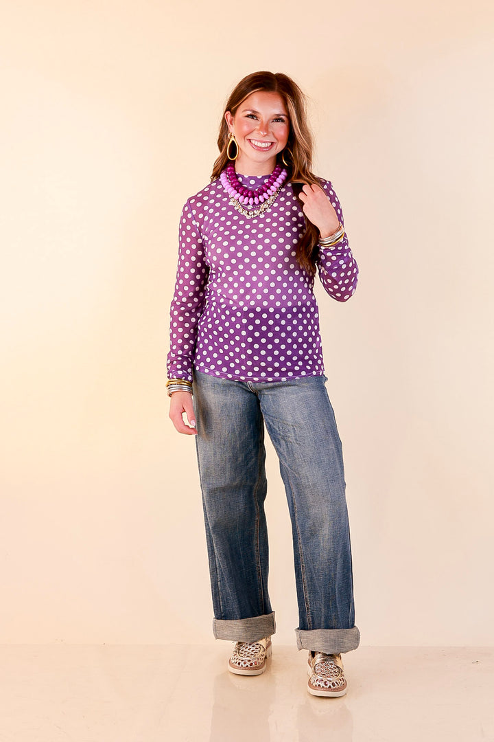 The Perfect Layer White Polka Dot Print Sheer Mesh Long Sleeve Top in Purple