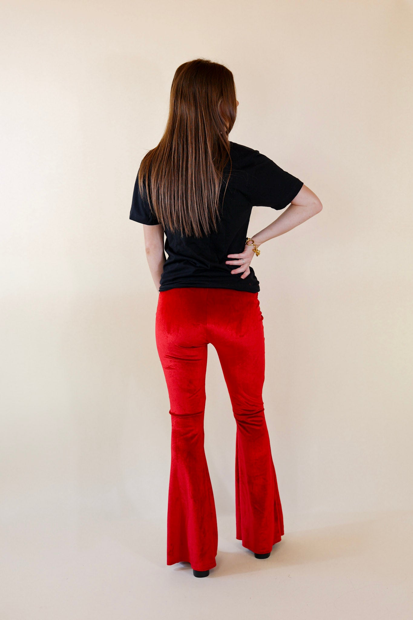 Luxe Standard Velvet Bell Bottom Pants in Red - Giddy Up Glamour Boutique
