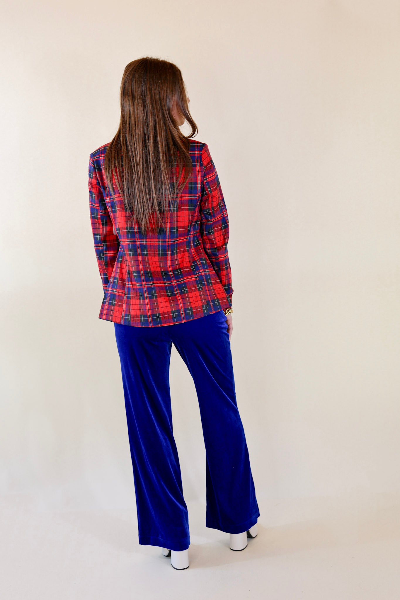 Endless Cheer Plaid Blazer with Gold Buttons in Blue and Red - Giddy Up Glamour Boutique