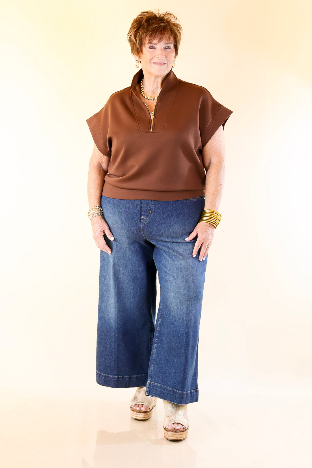 Top Priority Half Zip Collared Scuba Top in Chocolate Brown