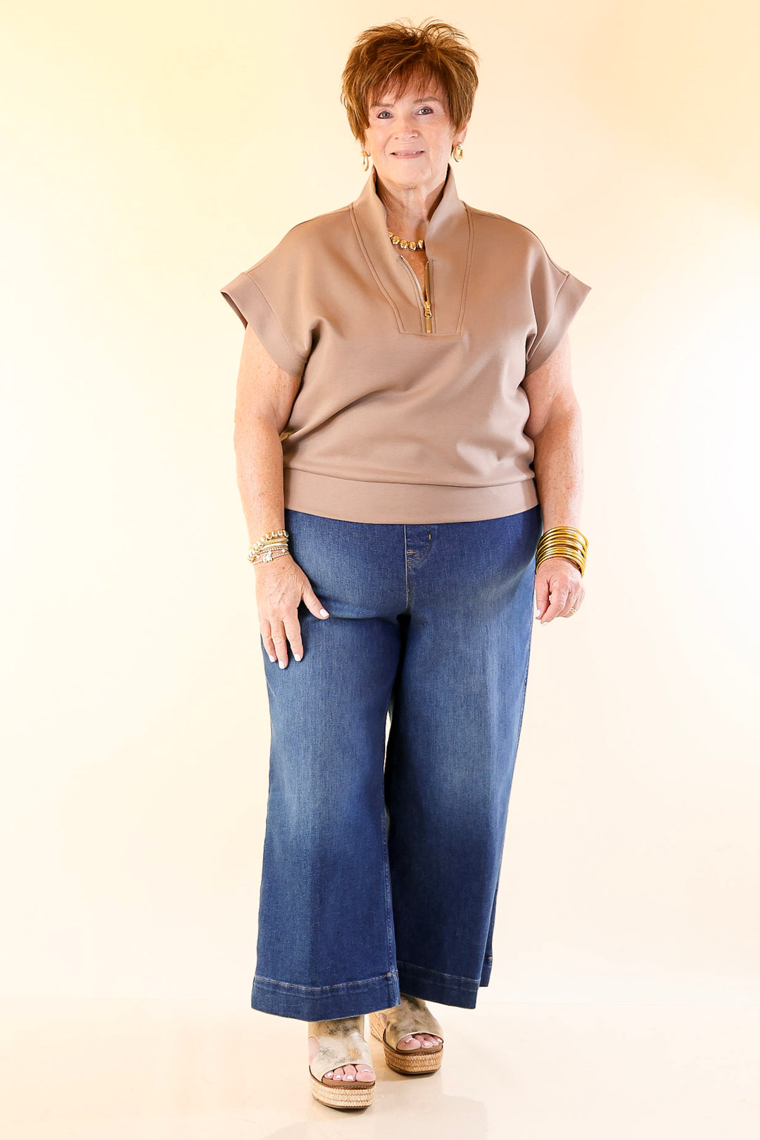 Top Priority Half Zip Collared Scuba Top in Light Taupe