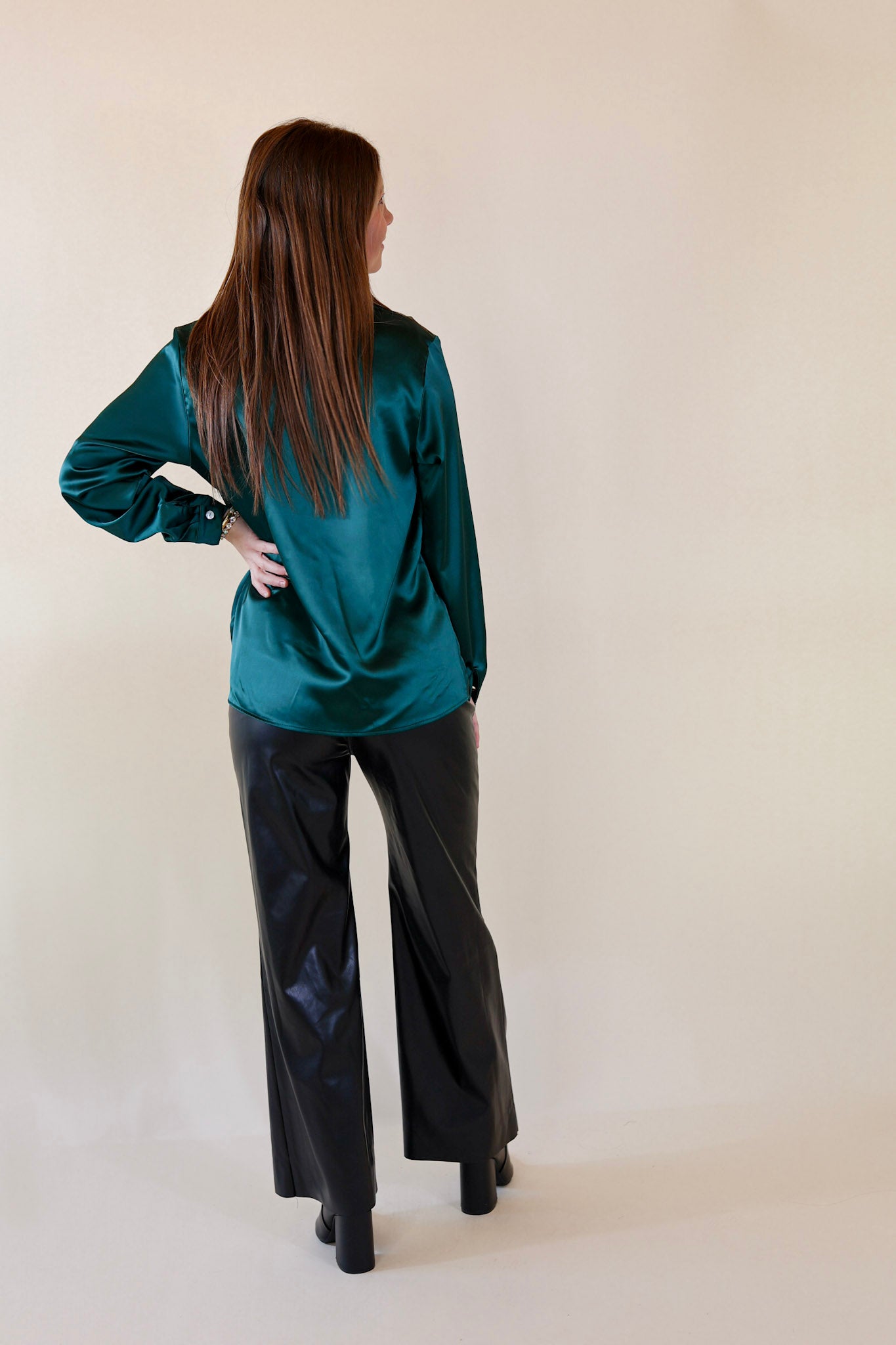 Sugar On Top Long Sleeve Button Up Satin Top with Leopard Print Trim in Forest Green - Giddy Up Glamour Boutique
