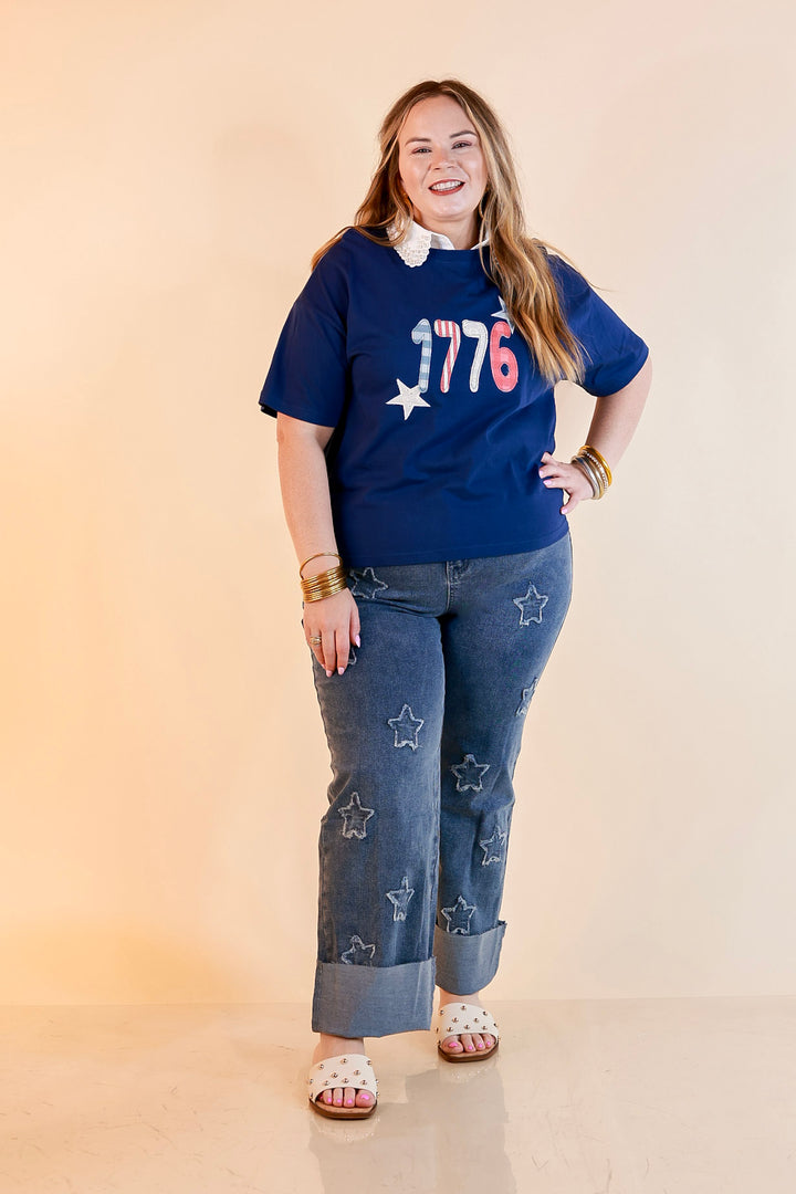 Simply Southern | American It Girl Short Sleeve Graphic Tee with 1776 Applique in Navy Blue