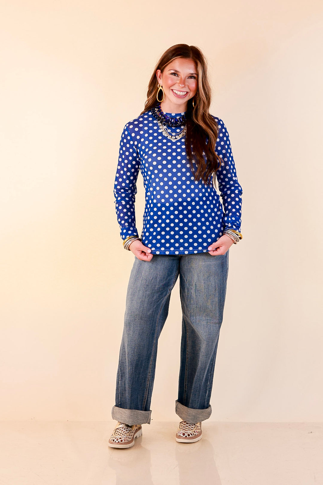 The Perfect Layer White Polka Dot Print Sheer Mesh Long Sleeve Top in Royal Blue