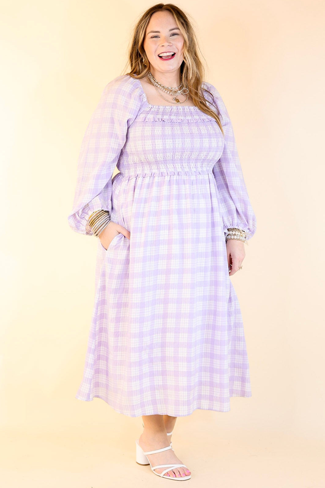 Adorable Impression Plaid Midi Dress with Smocked Bodice in Lavender Purple
