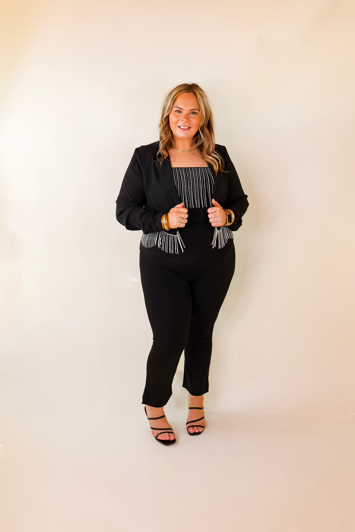Time For Magic Cropped Blazer with Crystal Fringe Trim in Black - Giddy Up Glamour Boutique