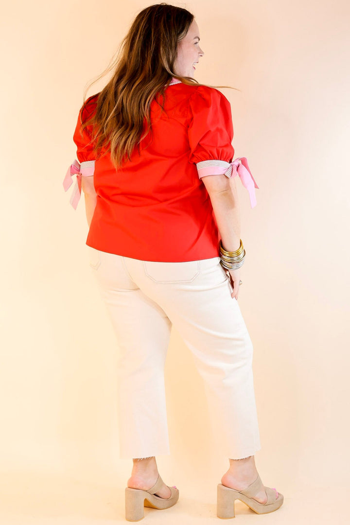 Last Chance Size Medium | Perfectly Poised V Neck Top with Short Balloon Sleeves with Bows in Red - ONLINE EXCLUSIVE