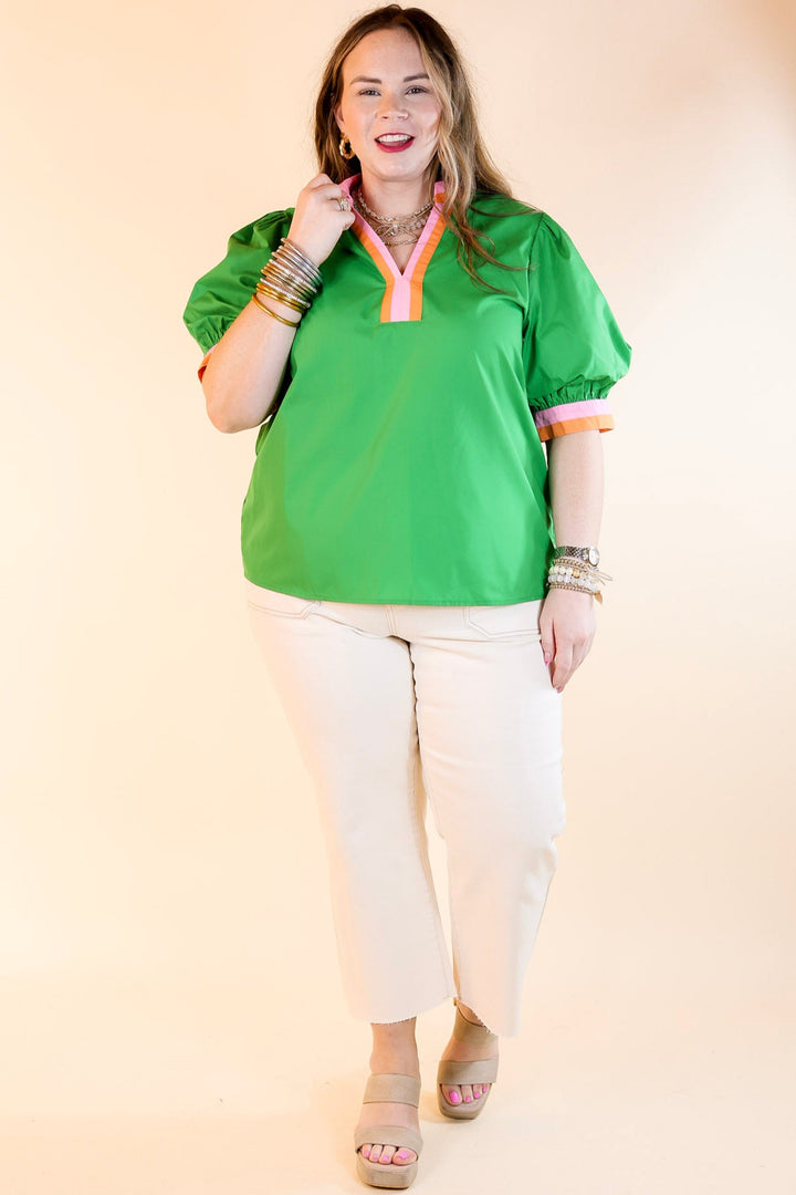 Standout Style V Neck Top with Short Balloon Sleeves in Green