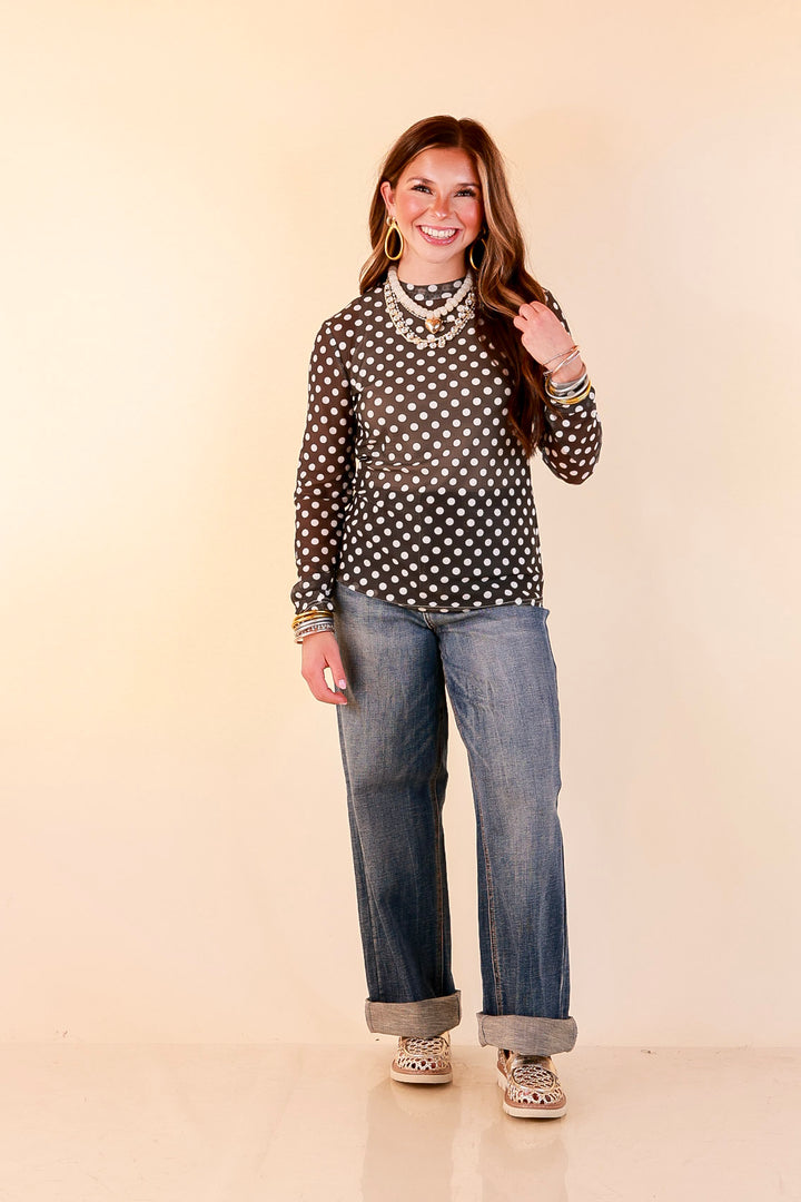 The Perfect Layer White Polka Dot Print Sheer Mesh Long Sleeve Top in Olive Green