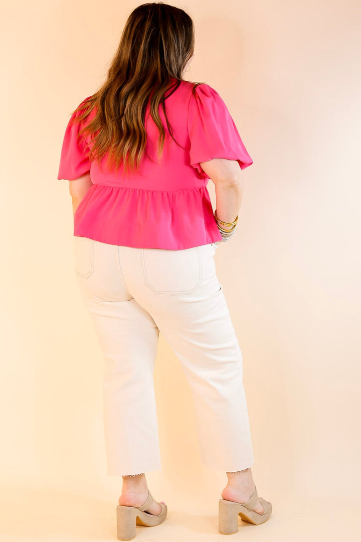 Simply Stunning Short Puff Sleeve Top with Bow Tie Detailing in Hot Pink