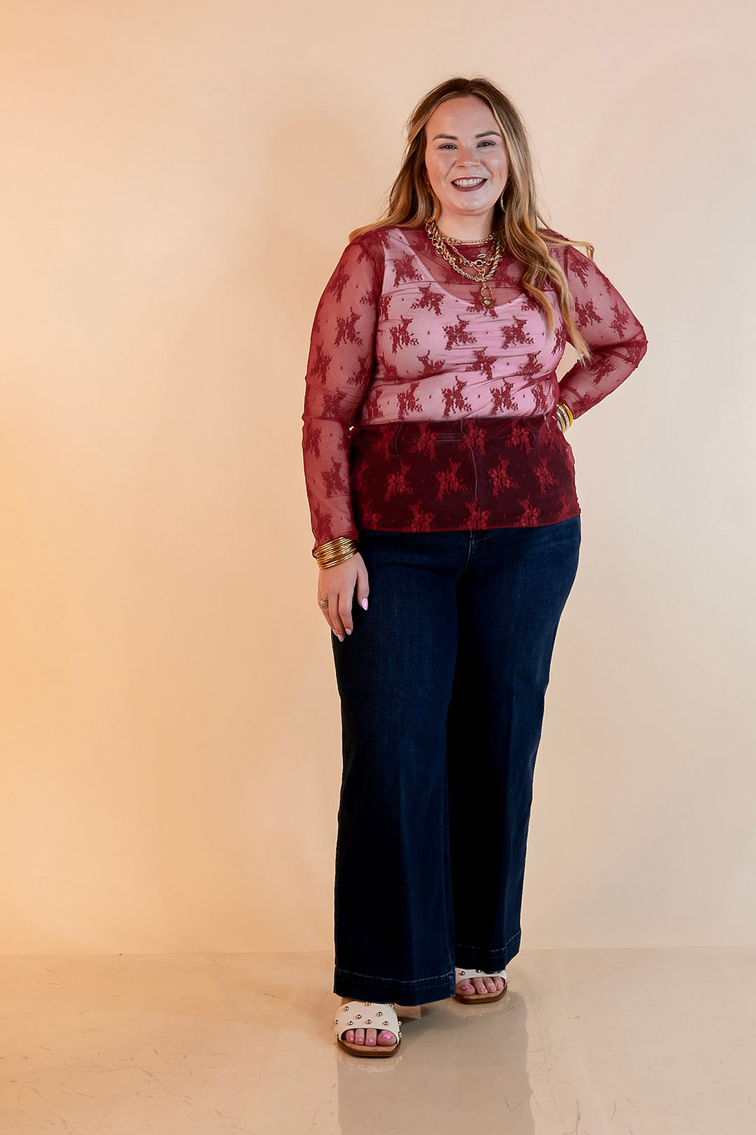Delicate Charm Long Sleeve Sheer Lace Top with Mock Neck in Maroon