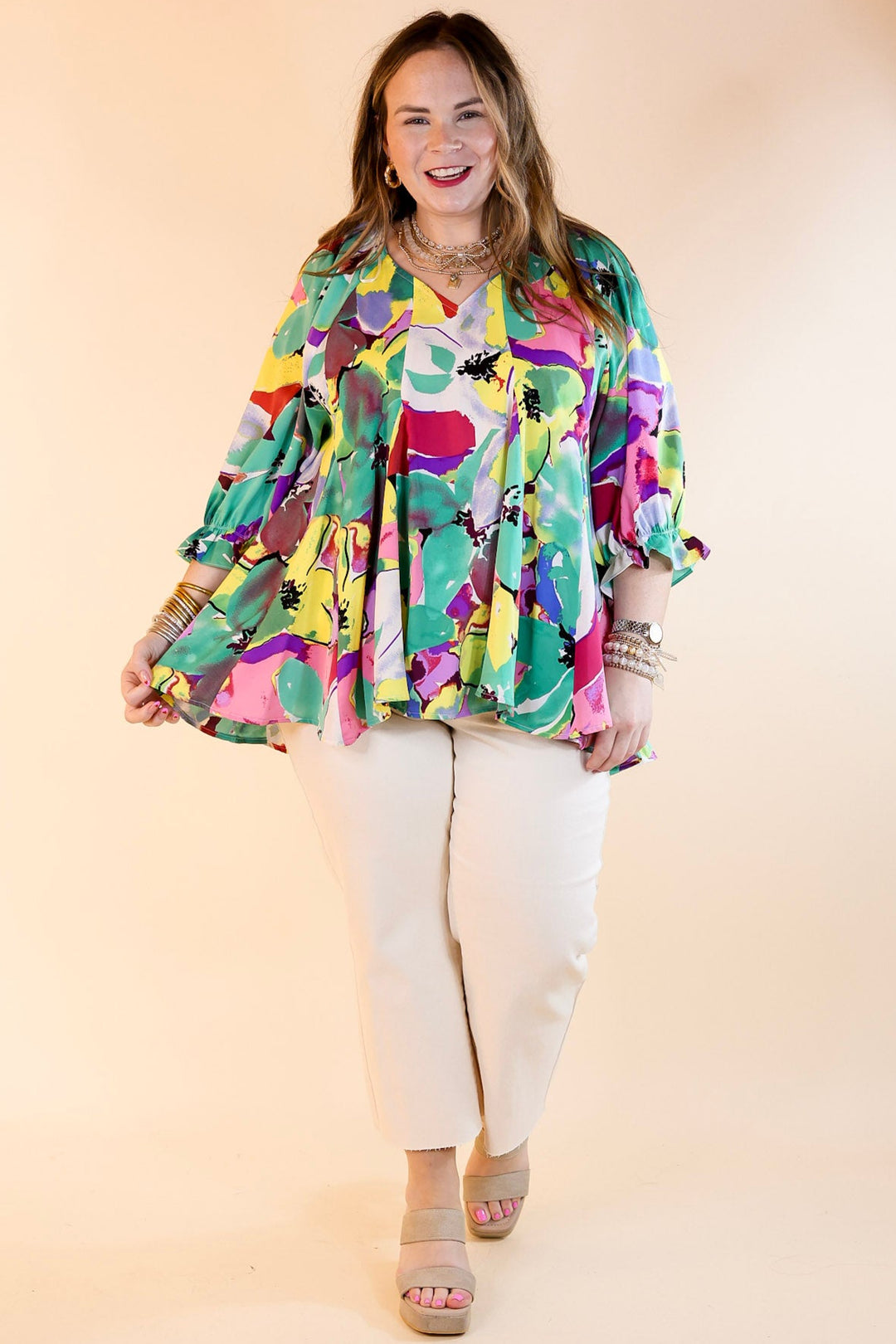 Blooming Love Floral V Neck Top with Half Sleeves in Green Mix