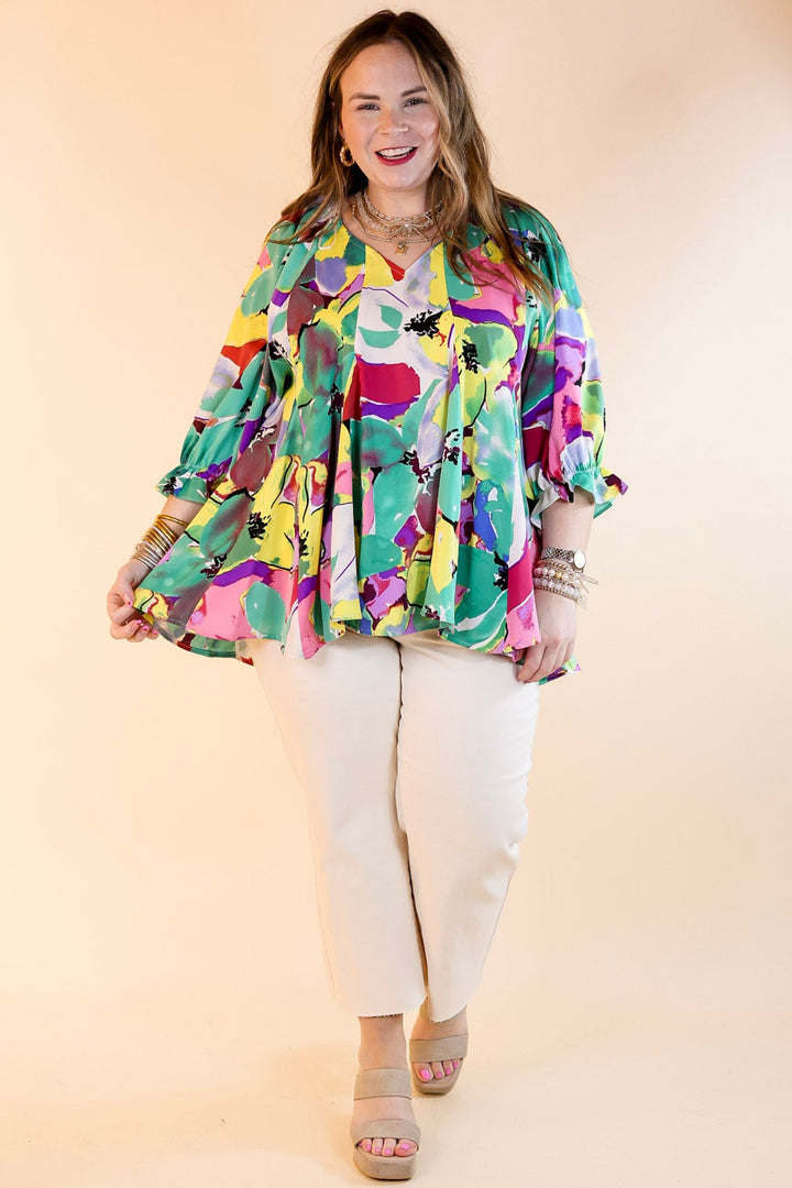 Blooming Love Floral V Neck Top with Half Sleeves in Green Mix