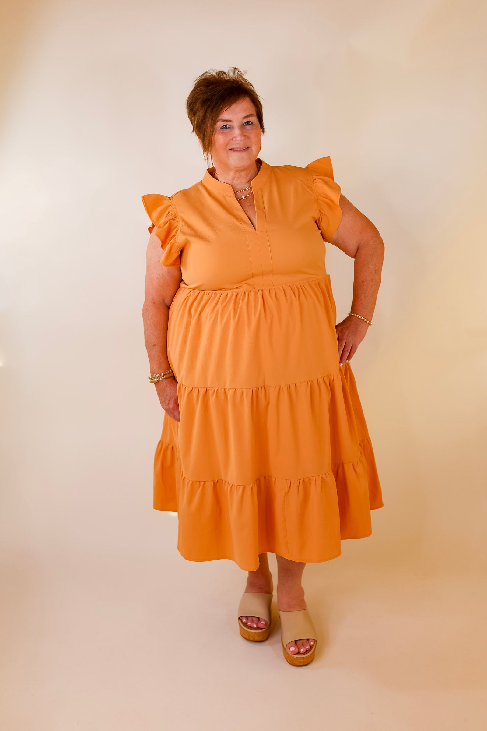 Magnolia Morning Ruffle Cap Sleeve Tiered Midi Dress in Sunset Orange - Giddy Up Glamour Boutique