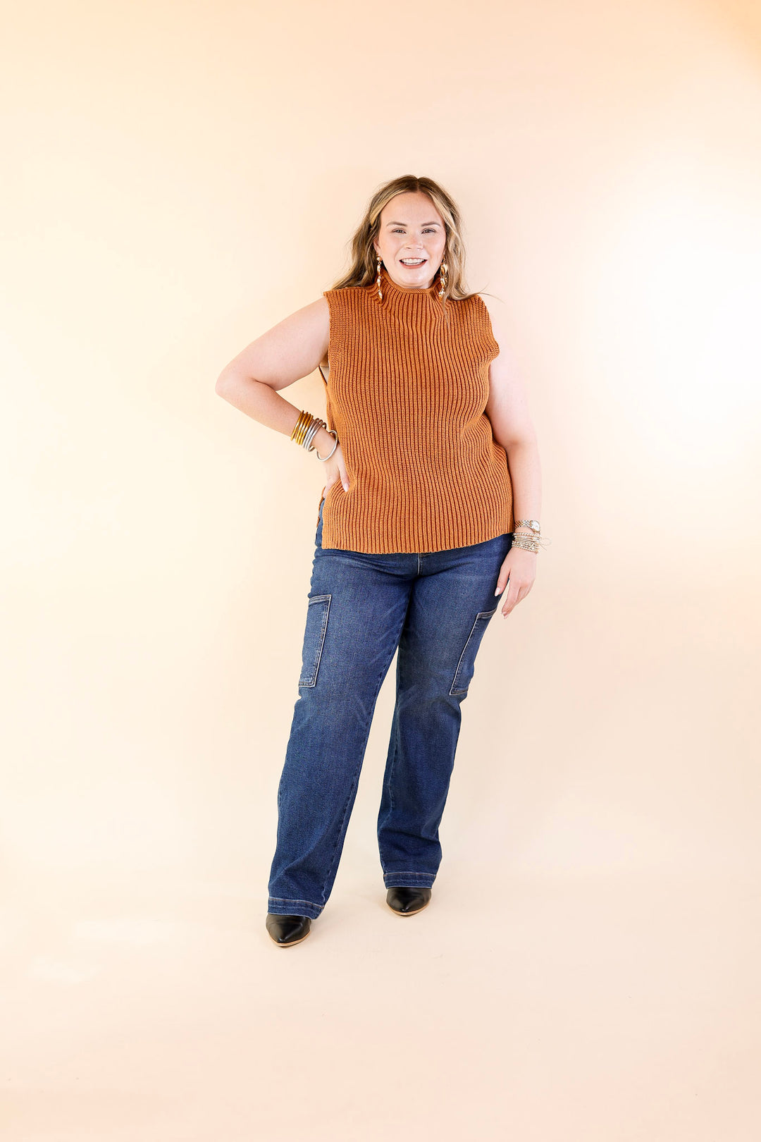 Doesn't Get Better Turtle Neck Knit Sweater Tank Top in Camel Brown