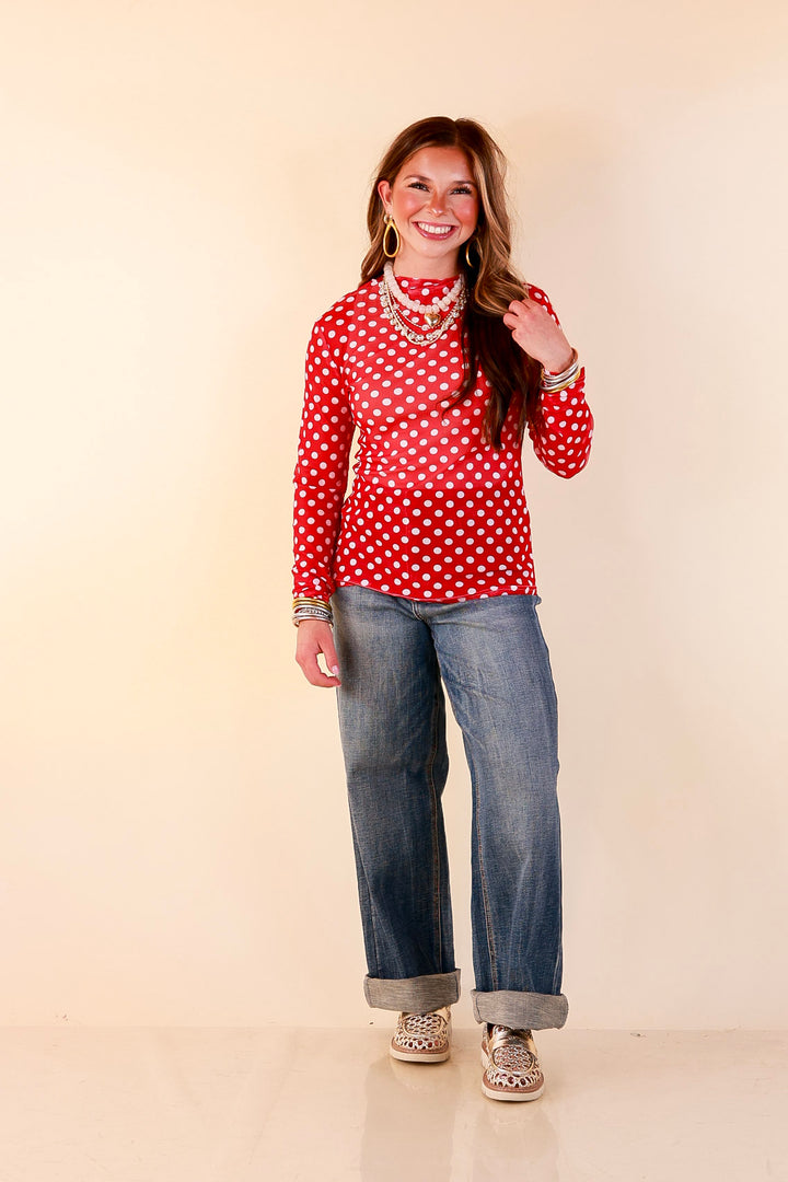 The Perfect Layer White Polka Dot Print Sheer Mesh Long Sleeve Top in Red