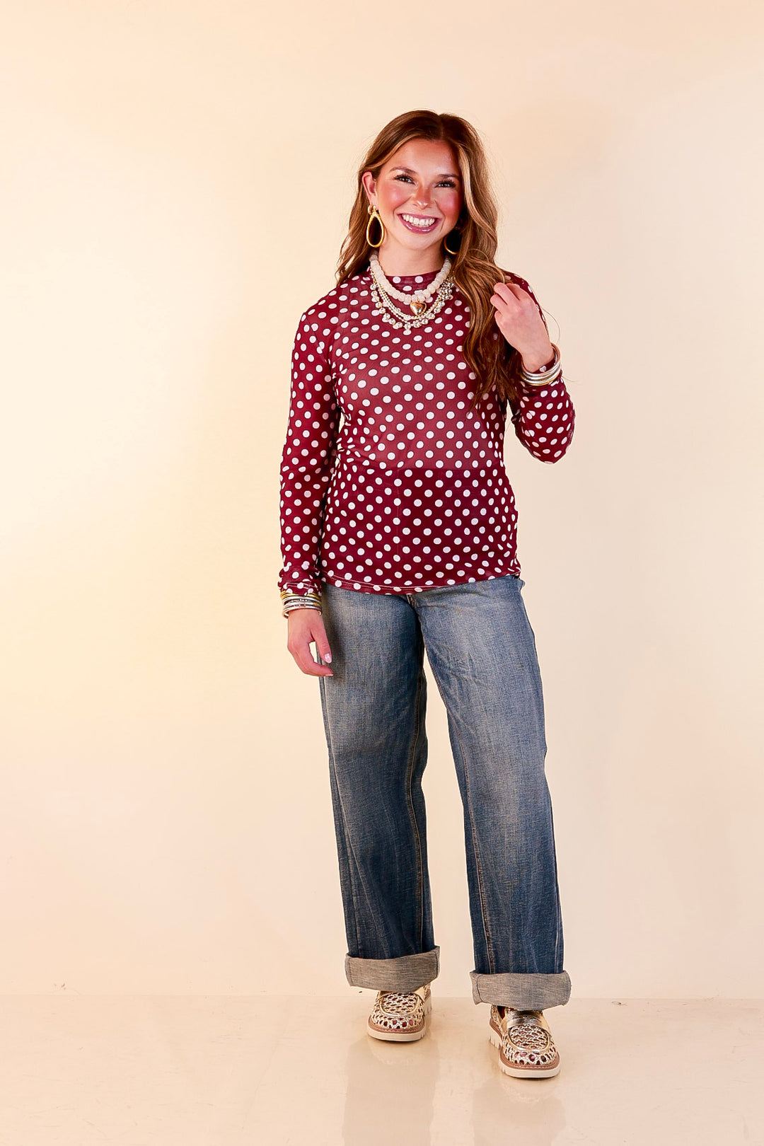 The Perfect Layer White Polka Dot Print Sheer Mesh Long Sleeve Top in Maroon
