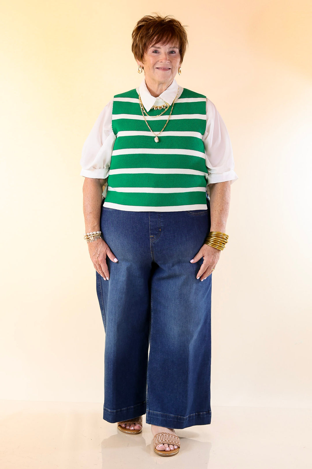 Tied Up in Style Knit Sweater with Side Ties in Kelly Green with Off White Stripes