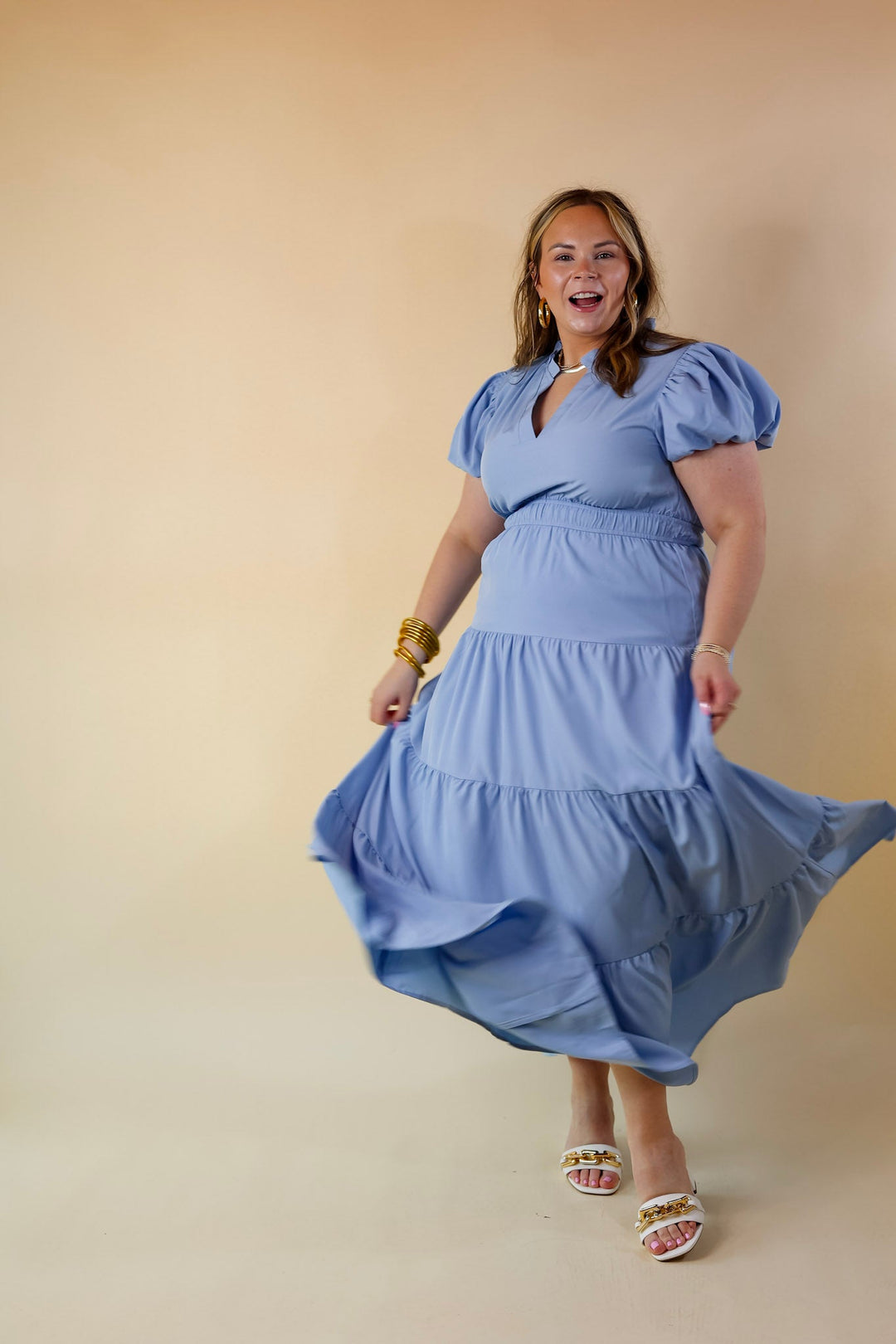 chambray tiered maxi dress Row Maxi Dress