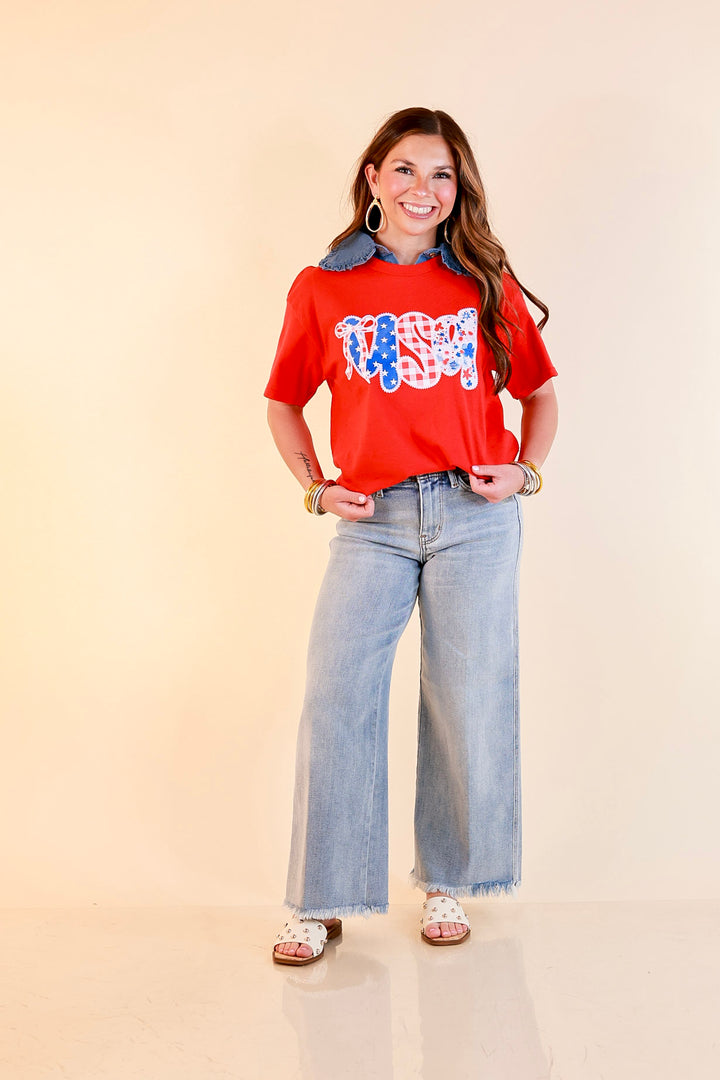 Sweet Land of Style USA Coquette Short Sleeve Graphic Tee with Bow Detailing in Red