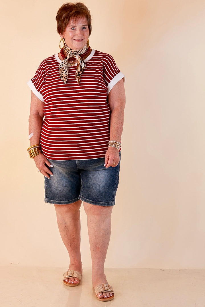 Right on Repeat Scoop Neck Cap Sleeve with Contrast Trim Striped Tee Top in Maroon