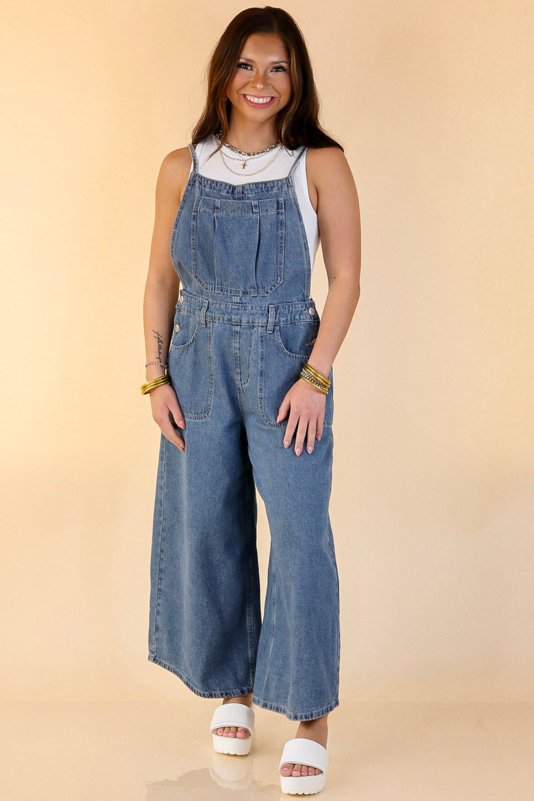 True Classic Wide Leg Denim Overalls in Medium Wash